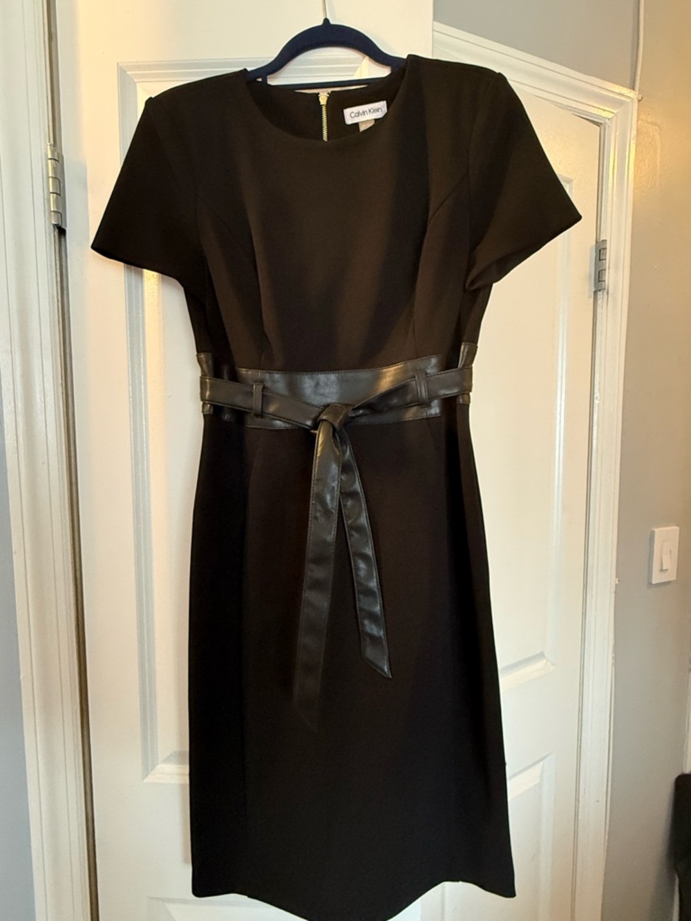 Calvin Klein Black Midi Sheath Dress with Faux-Leather Tie Belt